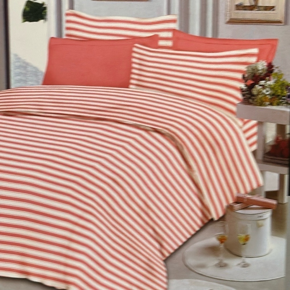 Traditional At Home 6pc Full Sheet Set peach -pink with white stripes - Picture 4 of 8